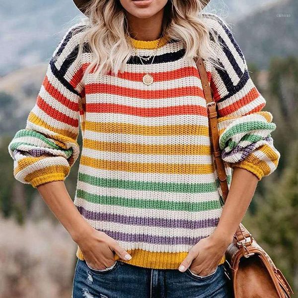 

colorful stripe pullover sweaters for women o neck sweater loose long sleeve warm knit jumper female kniting blouse1, White;black