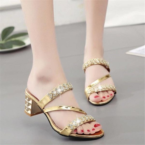 

2020 summer new fashion thick with rhinestone large size comfortable wild word sandals and slippers children1, Black
