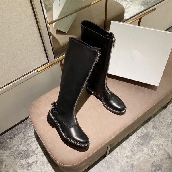 

психические цепи женщины колено высокие сапоги мода черный из натуральной кожи женщины длинные сапоги фронт zip martin mortorcycyle lady, Black