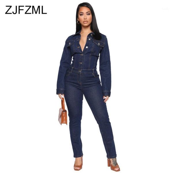 

single-breasted denim rompers womens jumpsuit spring autumn clothing turn down collar long sleeve stretchy one piece overalls1, Black;white