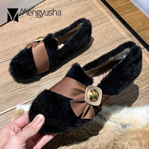 

metal buckle fur flats woman bowknot plush loafers winter cotton shoes for women ballerina warm furry moccasins big size 35-43, Black