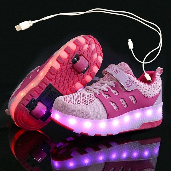 

children one two wheels luminous glowing sneakers gold pink led light roller skate shoes kids led shoes boys girls usb charging #oz4x