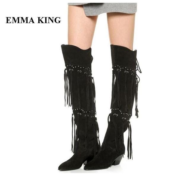 

emma king 2020 ретро женщины rivet fringe шипованных punk стиль black boots острым носом толстый каблук вернуться узелок колено высокие сапо