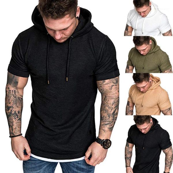 

2021 fashion men's slim fit casual pattern large size short sleeve hoodie blouse1, White;black