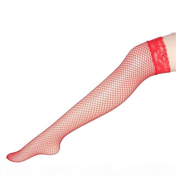 

quality1 pair womens mesh stockings lace sheer stay up knee thigh high silicone stockings fishnet pantyhose meias hosiery, Red;black
