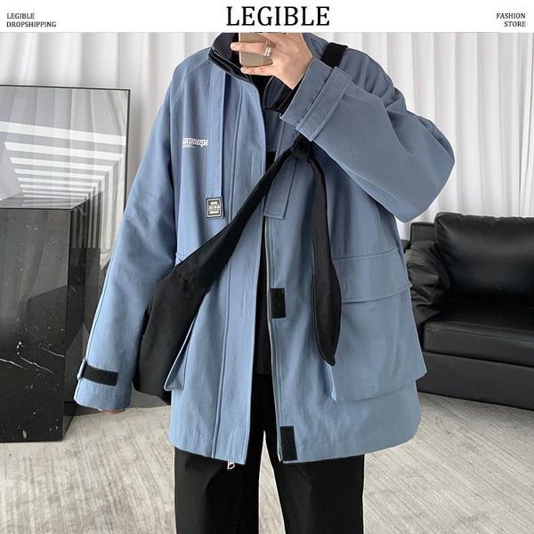 

legible 2020 solid color jackets mens big pockets korean casual loose cargo jackets mens turn-down collar windbreaker1, Black;brown