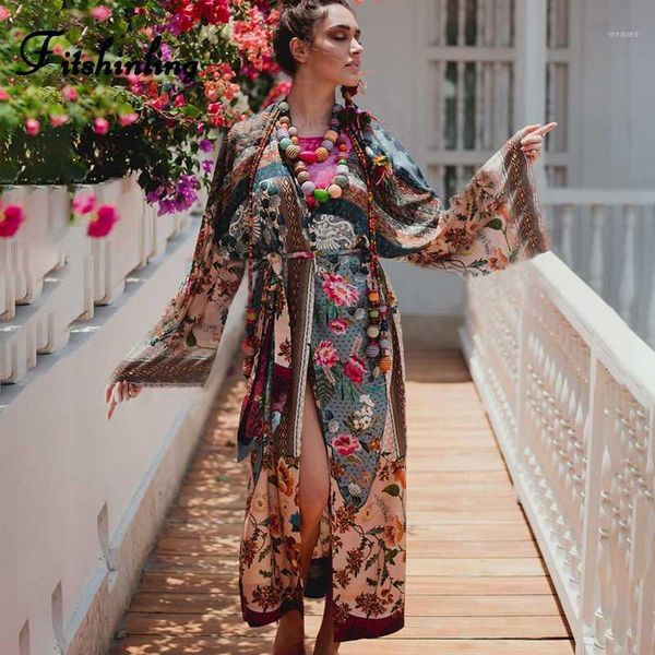 

fitshinling ethic print floral vintage kimono holiday flare sleeve beach cover up with sashes 2020 slit boho long cardigan1, White