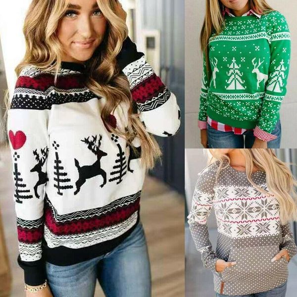 

2021 christmas theme women`s long sleeve xmas pattern printed jumper long sleeve sweater winter warm casual pullover, White;black