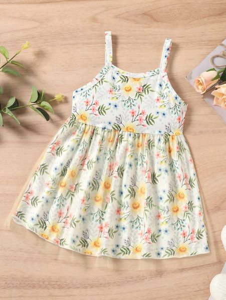 

baby floral print mesh hem cami dress she, Red;yellow