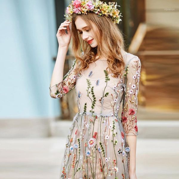 

boho brand style 2019 women summer dress gorgeous runway half sleeves sheer mesh embroidery ladies dresses bohemian long dress1, Black;gray