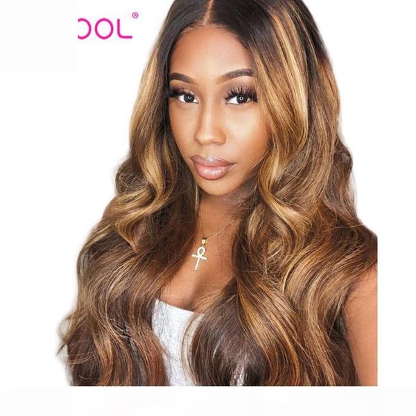 

recool honey blonde highlight wigs 13x4 ombre brown body wave lace front human hair wigs 180% density brazilian remy hair wig, Black;brown