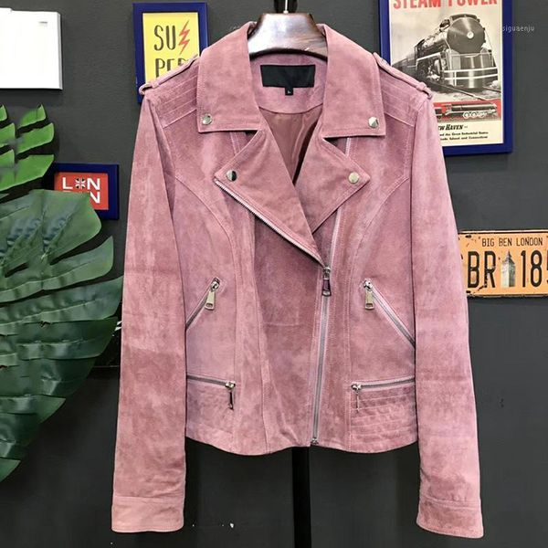 

2020 women autumn winter pigskin suede real leather jacket with belt pink short slim lady fashion matte motorcycle coat outwear1, Black