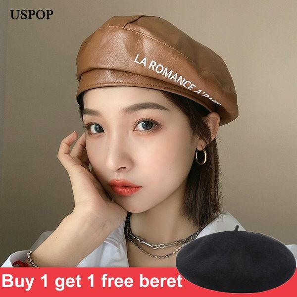 

berets uspop 2021 women winter pu hats vintage letter beret, Blue;gray