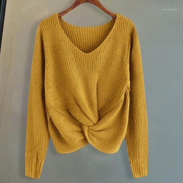 

nibesser 2019 autumn winter femme sweaters long sleeve solid color v-neck cross knotted panel sweater female oversized, White;black