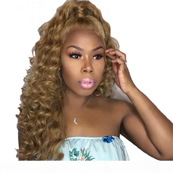 

8a deep curly #27 lace front wigs for balck women virgin brazilian honey blond hair glueless full lace human hair wigs baby hair, Black;brown