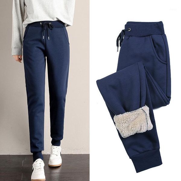 

winter women sports sweatpants solid fleece thick warm pants solid female trousers plus size1, Black;white