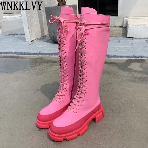 

pink thick sole knee high boots women genuine leather round toe cross tied platform shoes runway knight long, Black