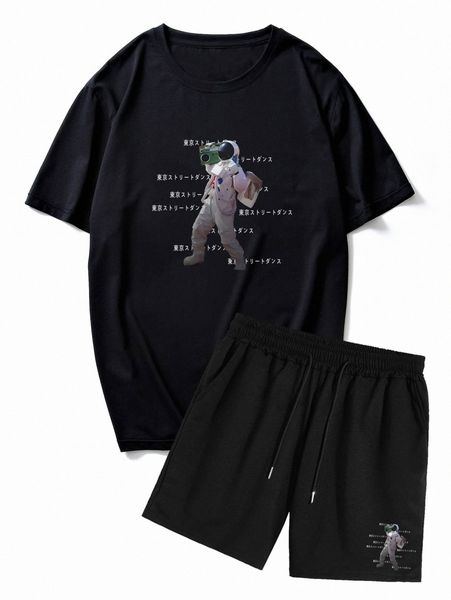 

romwe guys astronaut graphic tee & shorts a3nh#, Gray
