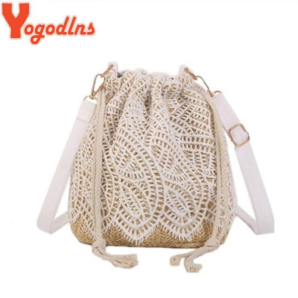 

yogodlns summer small straw bucket shoulder bag lace flower leaf decors handmade chic handbags women messenger crossbody bags