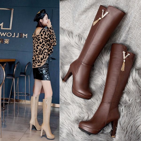 

plus size 32 33 34 to 40 41 42 43 thick heel womens tall knee high pu leather boots come with box, Black