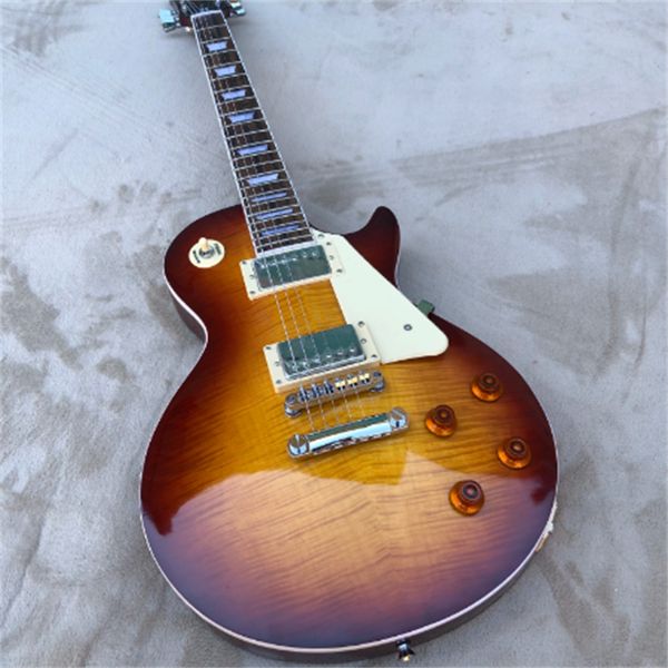

new arrival electric guitar,solid mahogany body with bacon color flamed maple chrome hardware guitars