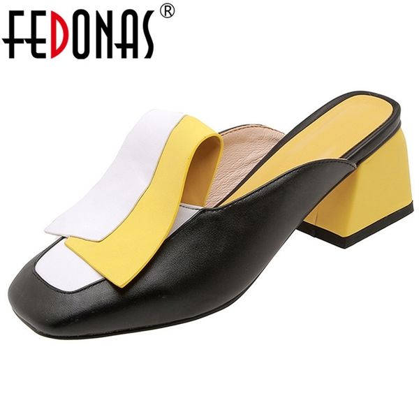 

fedonas fashion mixed colors pu leather women pumps classic rome square toe hoof heels summer sandals mules casual shoes woman y200323, Black