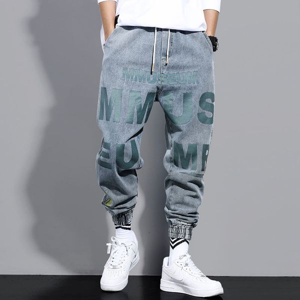 

men's fashions high street jeans hare letter pants print blue light sweatpants with cordon men denim breeches, Black