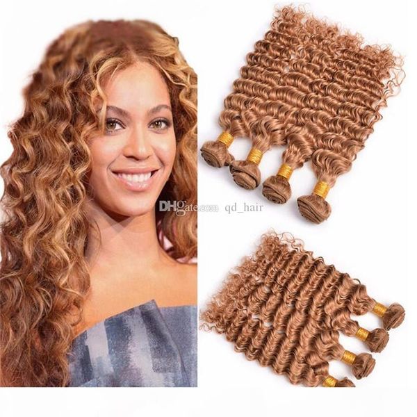 

new arrival honey blonde #27 human hair 4 bundles pure color double wefted deep wave #27 brazilian human hair extensions 4pcs lot, Black
