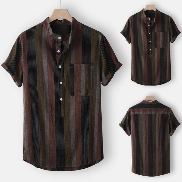 

men's shirts summer striped print short sleeve mens blouse fashion stand collar shirt camisa casual shirts mens 20201, White;black