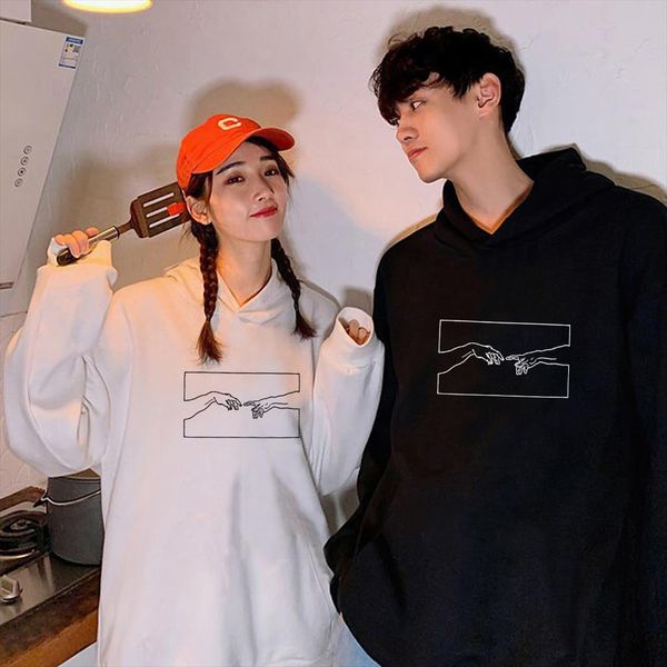 

fashion skuggnas creation hands line art couple hoodies lovers sweet kawaii pullover jumper women men sweatshirts harajuku, Black