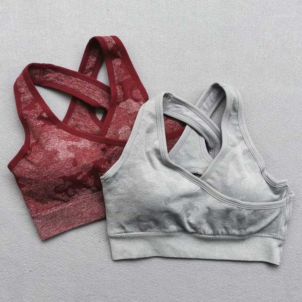 

gym clothing camo seamless sports bra for women criss cross workout bras active wear high impact crop shockproof yoga bra1, White;black