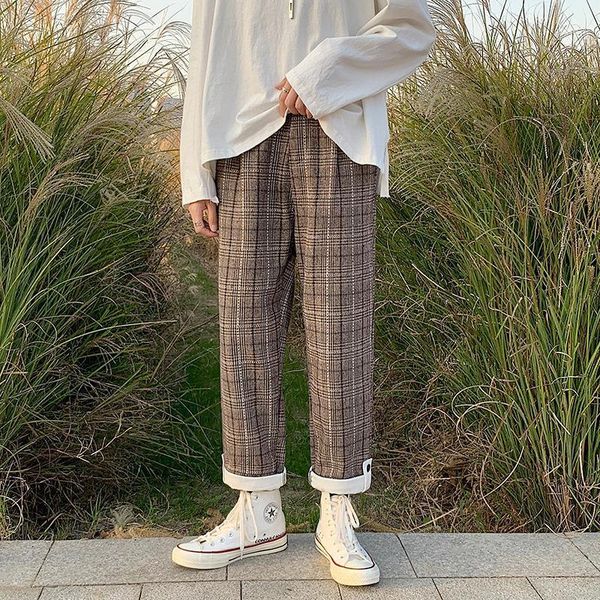 

spring autumn retro plaid woolen pants male korean version of all-match students straight casual wide-leg small trousers1, Black
