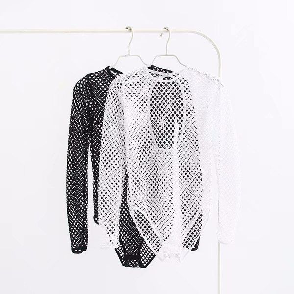 

new hollow out mesh bodysuits black backless long sleeve bodysuit women beach wear rompers womens jumpsuit, Black;white