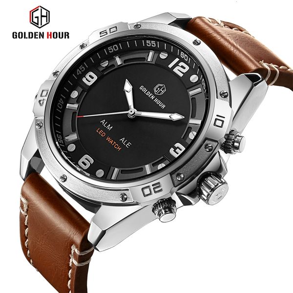 

reloj hombre goldenhour men watch arm sport watch men brand military men wrist watch male clock waterproof relogio masculino, Slivery;brown