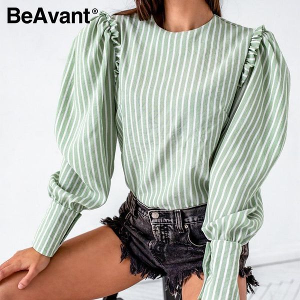 

beavant elegant light green autumn winter women blouse vintage office lady puff long sleeve causal stripe ruffle blouse, White