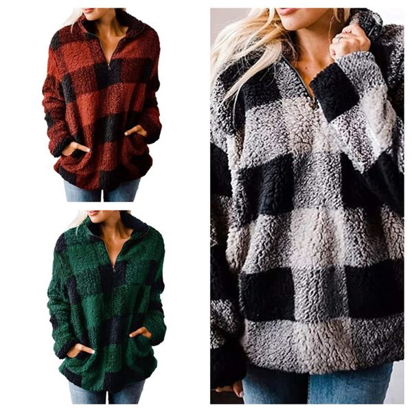 

women autumn winter full sleeves blouse loose thickened plaid zipper high-neck pullover with plush hoodie jacket female coat e122904, White