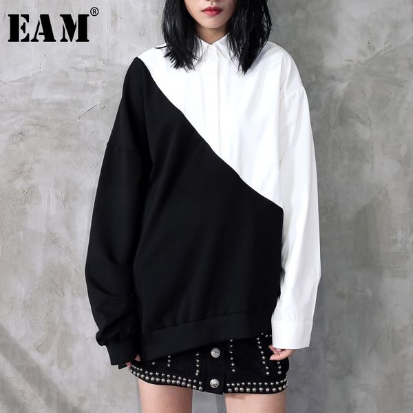 

[eam] sell new spring lapel black white hit color irregular loose big size long shirt women blouse tide fashion jc319 201125