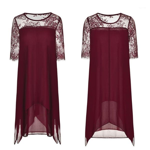 

lace chiffon dress women patchwork irregular hem three quarter o-neck casual loose feminino streetwear work wear vestidos1, Black;gray