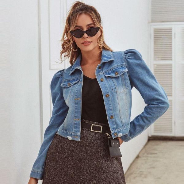 

2021 spring new puff sleeve crop denim jackets women turn down collar buttons frayed ripped hole jean coat pockets bomber jacket, Black;brown