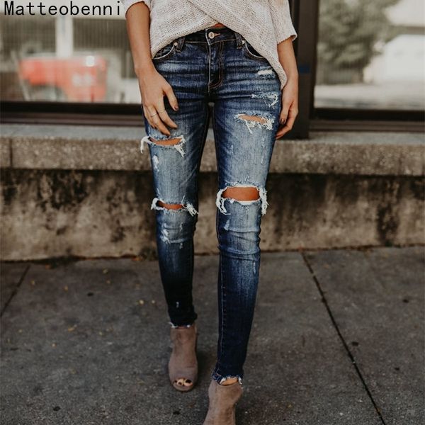 

boyfriend hole ripped women pants cool denim vintage skinny push up high waist casual ladies slim mom jeans t200521, Blue