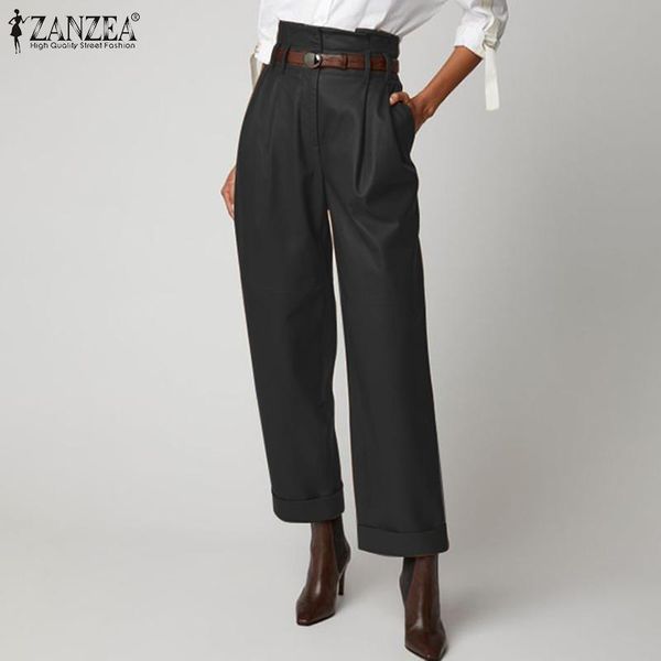 

women autumn wide leg pants 2021 zanzea fashion high wasit pu leather trousers casual leather pantalon elegant palazzo 5xl, Black;white
