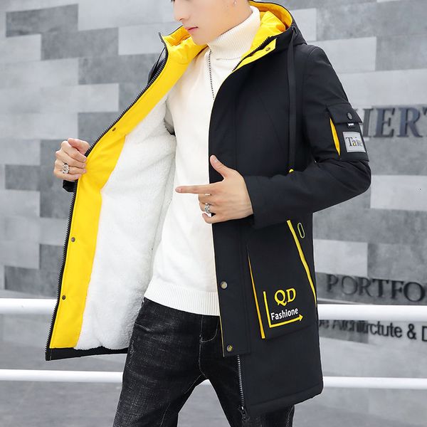 

2019 winter new mid long plush warm jacket men's handsome young korean hooded casual windbreaker, Tan;black