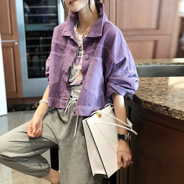 

2020 spring new loose purple women's short korean denim jacket jean women streetwear regular solid, Black;brown