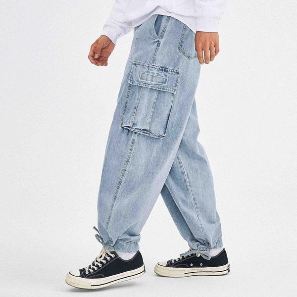 

male streetwear hip hop vintage fashion casual denim pants men washed multi-pockets adjustable wide leg cargo jeans1, Blue