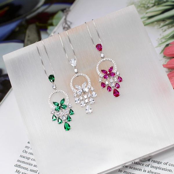 

women wedding jewelry s925 silver bowknot pendant necklace for female 2019 fashion bling cubic zirconia red corundum necklaces
