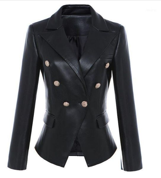 

new fashion 2020 classic designer women black pu leatherette double breasted blazers jacket women's blazer outer1, White;black