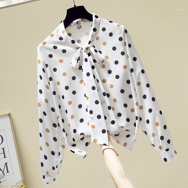 

french style polka dot print long sleeve chiffon blouse women new butterfly-knot blouses spring autumn blusas femme shirt1, White
