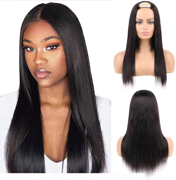 

u part wig human hair straight wigs for black women, 16 inch 10a half wig 2x4 u shape clip in wigs remy human hair, Black;brown