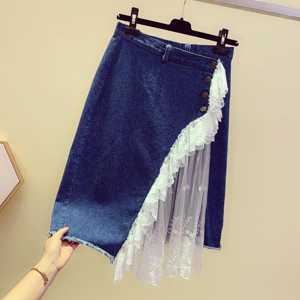 

2020 spring summer new lace mesh panel a- line skirt women's high-waist irregular denim skirt girls ladies jean mujer1, Black