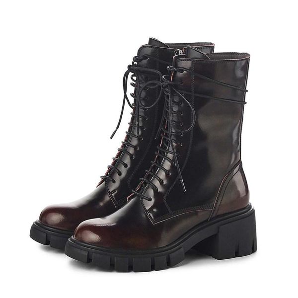 

2020 new winter shoes women's mid-calf boots mixed colors lace up thick bottom bright leather boots botas mujer, Black